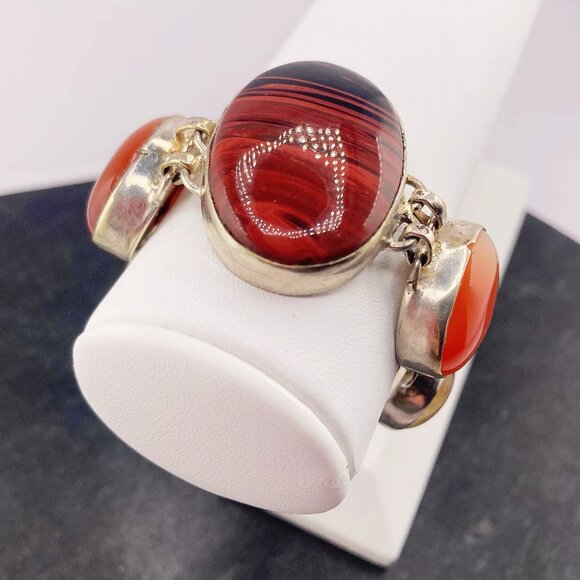VINTAGE Sterling silver, fluorite, red obsidian, & possibly carnelian bracelet - Picture 4 of 12